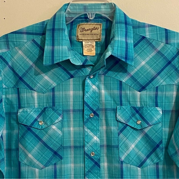 Wrangler Shirt Men's Size XL Western Plaid Pearl Snaps Short Sleeve Teal - Picture 4 of 10